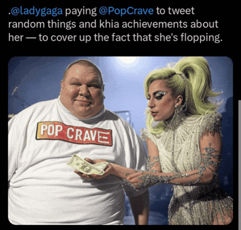 a picture of a woman and a fat man with pop crave on their shirts