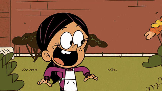 a cartoon of a girl with a purple jacket and apron