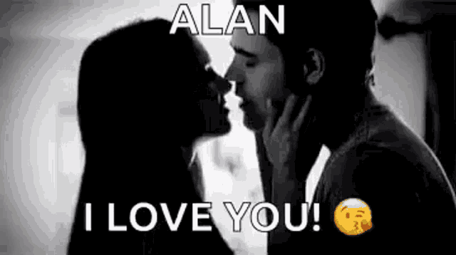 a man and a woman are kissing in a black and white photo with the words `` i love you '' .
