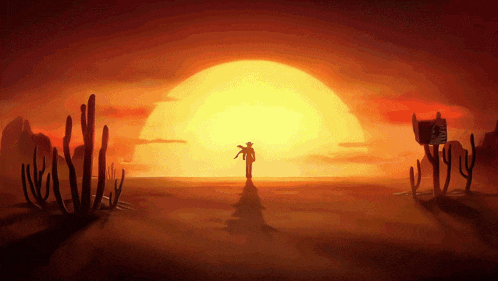 a man in a cowboy hat stands in front of a sunset in a desert