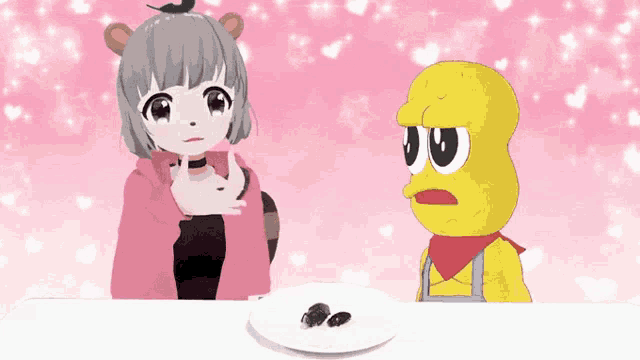 a girl and a peanut are sitting at a table