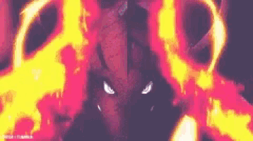 a pixel art of a demon with flames coming out of his eyes .