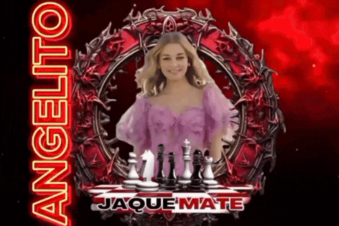 a woman in a purple dress is standing in front of a chess board with angelito jaque mate written on it