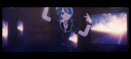 a 3d anime girl with blue hair is dancing in a dark room in front of a screen .