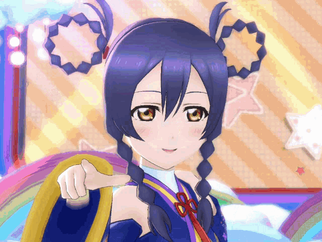 a cartoon girl with blue hair and braids is pointing at the camera