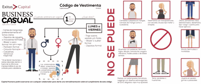 an exitus capital business casual poster shows a man and a woman standing next to each other