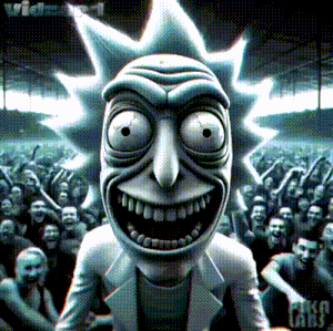 a rick and morty poster with a crowd behind him