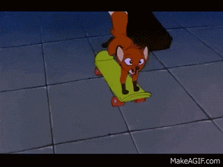 a cartoon fox is riding a green skateboard on a tile floor