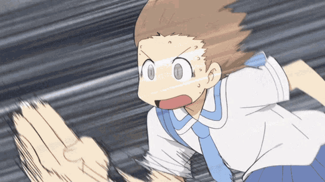 a girl in a white shirt and blue tie is running in a cartoon