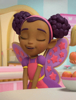 a cartoon girl with purple hair and purple wings is smiling