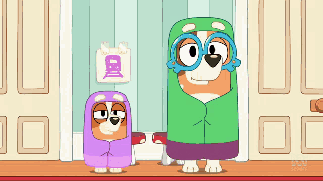 a cartoon of two dogs wrapped in blankets with the abc logo on the bottom right