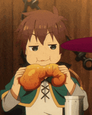 a cartoon character eating a loaf of bread with a cross on his chest