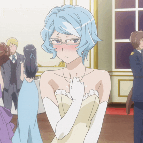 a woman with blue hair and white gloves is standing in front of a group of people