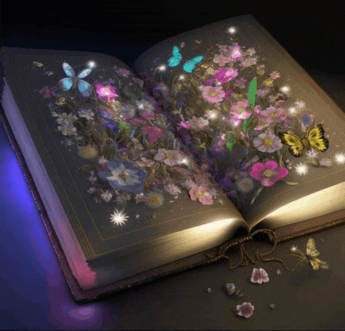 an open book with flowers and butterflies on the pages