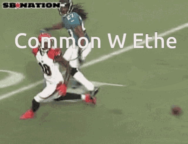 two football players on a field with the words " common w ethe " written on the bottom