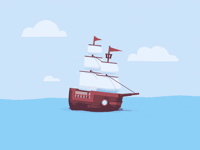 an illustration of a pirate ship with a red flag on top