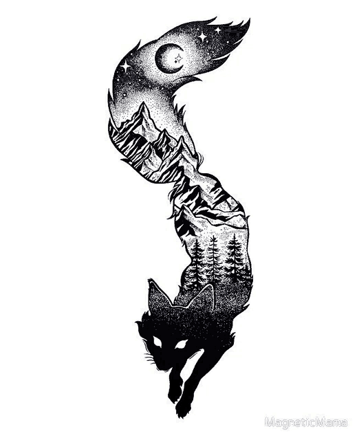 a black and white drawing of a fox with mountains , trees and a moon in its tail .