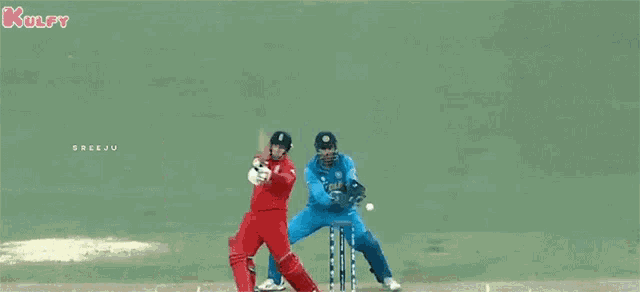 two cricket players are playing a game of cricket .