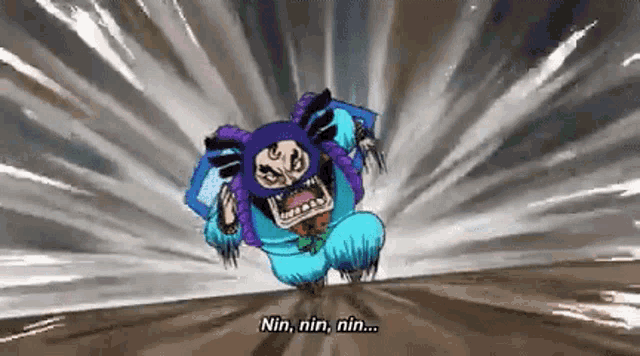 a cartoon character is running in the air with a purple mask on his head .