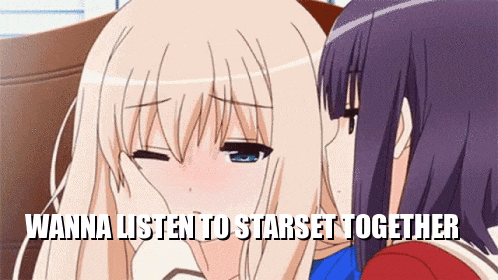 a couple of anime girls with the words wanna listen to starset together