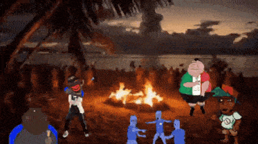 a group of cartoon characters are standing around a fire