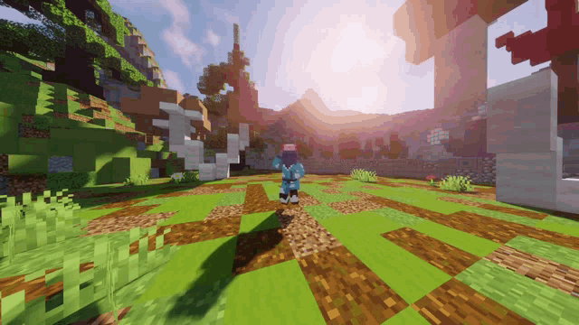 a person in a blue outfit is walking through a field in a video game