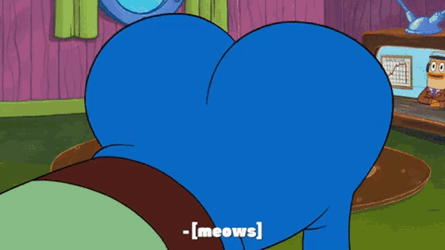 a cartoon character with the word meows on his belt