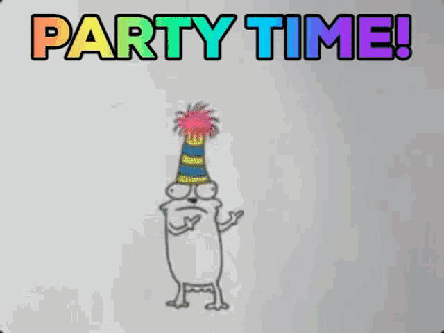 a cartoon frog wearing a party hat is dancing and saying `` party time '' .