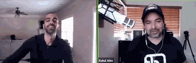 two men are on a video call and one of them has the name rahul alam on his shirt