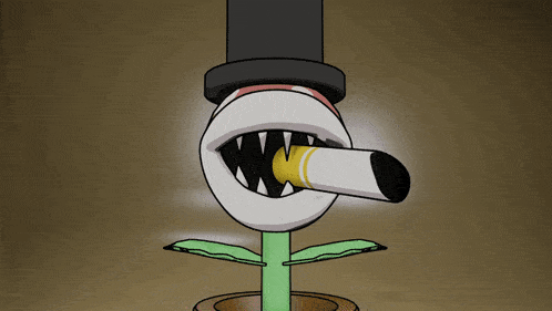 a cartoon drawing of a plant with a top hat smoking a cigarette