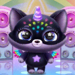a black cat with a unicorn horn is standing in front of speakers .