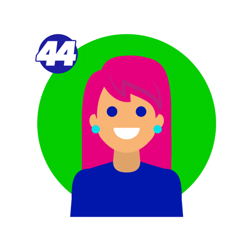 a woman with pink hair is smiling with the number 44 in the background