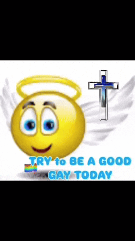 a smiley face with angel wings and a cross behind it says try to be a good gay today