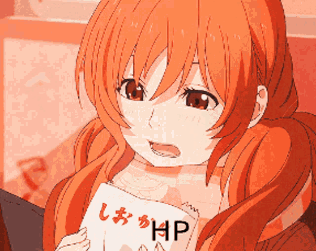a girl with red hair is holding a piece of paper with hp written on it