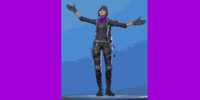 a woman in a military uniform is dancing in front of a blue and purple background
