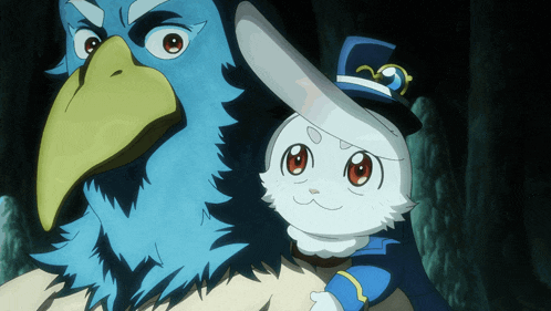 a blue bird and a white rabbit are posing for a picture together