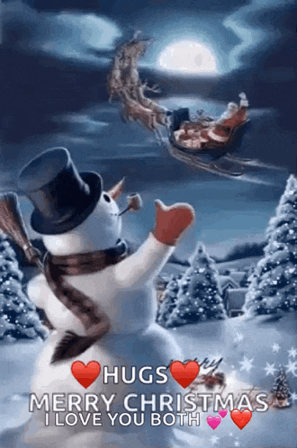a snowman wearing a top hat and scarf is standing in front of a sleigh with santa claus in it .
