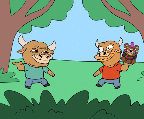a cartoon drawing of a bull and a boy