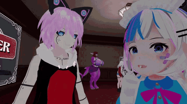 two anime girls are standing next to each other in front of a sign that says ' error '