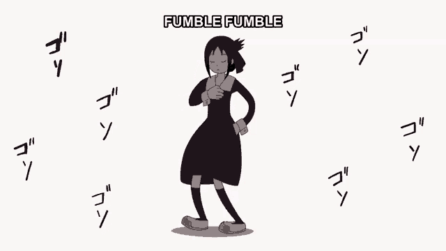 a girl in a black dress is dancing with the words fumble fumble behind her
