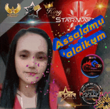 a girl is surrounded by confetti and has a king starmak logo in the background