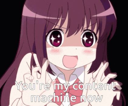 a girl with purple hair is giving a peace sign with the words you 're my content machine now