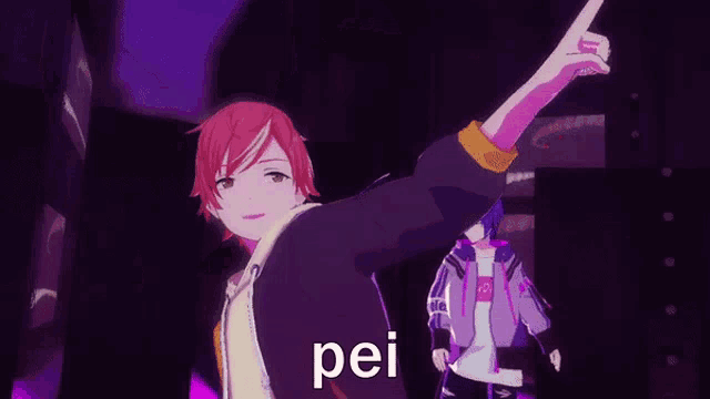 two anime characters are dancing in a dark room and one of them is wearing a yellow hoodie .