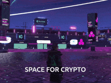 a man is standing in a futuristic city with the words space for crypto written below him