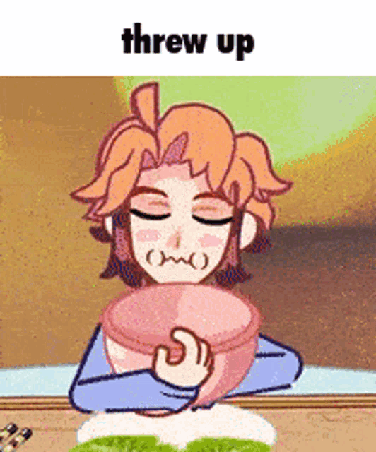 a cartoon girl is sitting at a table with her eyes closed and a bowl of food in her hand .
