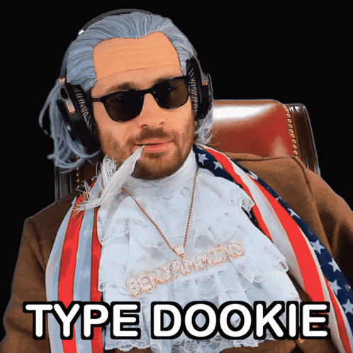 a man with a feather in his mouth is wearing a wig and sunglasses and says type dookie