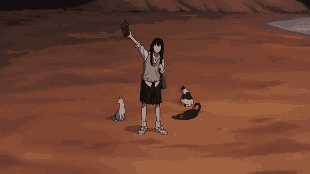 a girl in a school uniform is standing in a field with cats