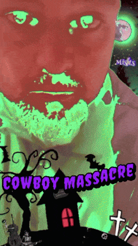 a poster for cowboy massacre with a man in a suit