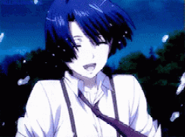 a boy with blue hair is wearing a white shirt and suspenders