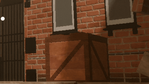 a wooden box sits in front of a brick wall